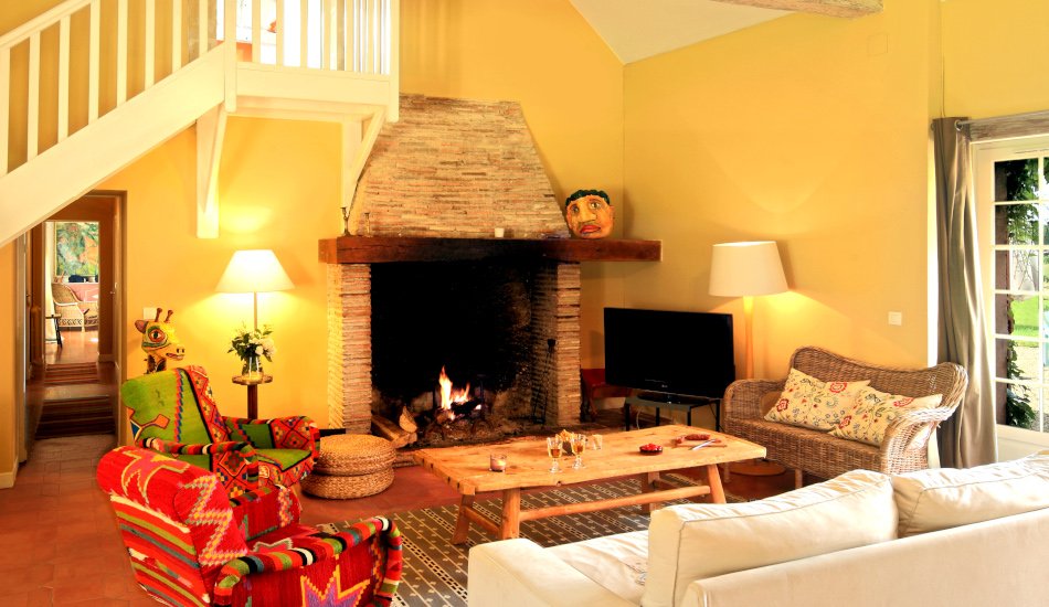 Salon cosy avec grande cheminée